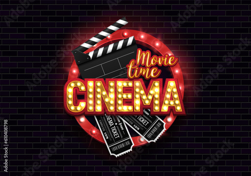 Movie time. Cinema banner or poster with retro billboard, tickets and clapperboard. Vector illustration.