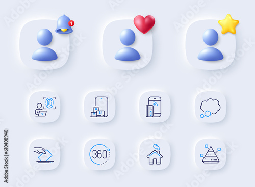 Talk bubble, Computer fingerprint and Contactless payment line icons. Placeholder with 3d bell, star, heart. Pack of Pyramid chart, Voting ballot, Home icon. Vector