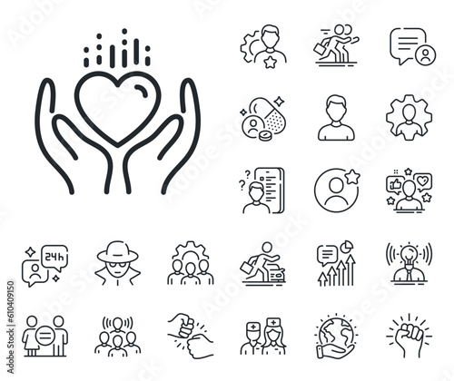 Care love emotion sign. Specialist, doctor and job competition outline icons. Hold heart line icon. Valentine day symbol. Hold heart line sign. Avatar placeholder, spy headshot icon. Vector