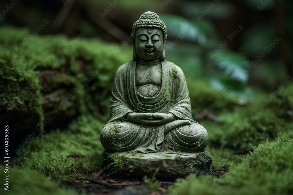 Little Buddha statue in blurred green bamboo zen jungle, friendly