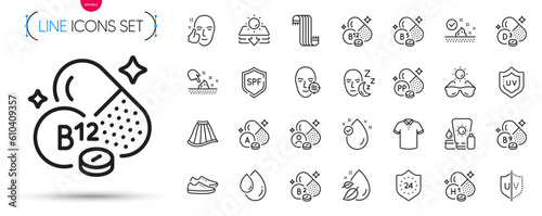 Pack of Shoes, Skin care and Vitamin a line icons. Include Spf protection, Uv protection, Sunglasses pictogram icons. Problem skin, T-shirt, Healthy face signs. Scarf, Oil drop. Vector