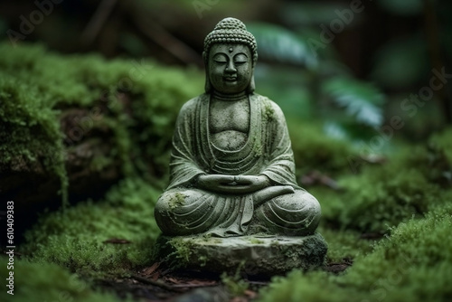  Little Buddha statue in blurred green bamboo zen jungle, friendly peaceful tropical environment, fresh natural spa asian wallpaper. Mindfulness, wellness, Inspiring concept. Generative AI Technology