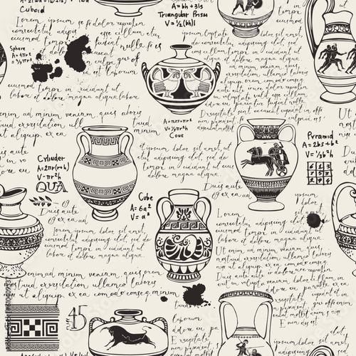 Vector vintage seamless pattern or wallpaper on the theme of ancient Greece. Manuscript with sketches antique amphoras and jugs with ornaments, handwritten texts Lorem Ipsum, blots and spots.