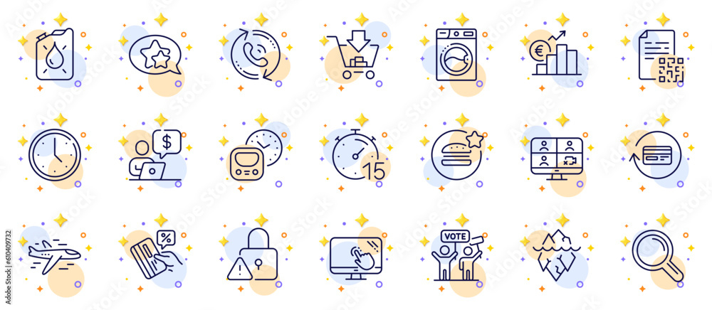 Outline set of Canister, Best food and Business person line icons for web app. Include Airplane, Research, Touch screen pictogram icons. Timer, Shopping, Refund commission signs. Vector Outline set of Canister, Best food and Business person line icons for web app. Include Airplane, Research, Touch screen pictogram icons. Timer, Shopping, Refund commission signs. Vector