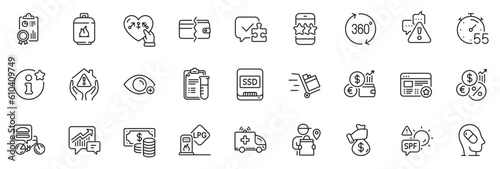 Icons pack as Genders, Coins banknote and Farsightedness line icons for app include Gas station, Inspect, Ssd outline thin icon web set. Payment methods, Ambulance car. Genders outline sign. Vector