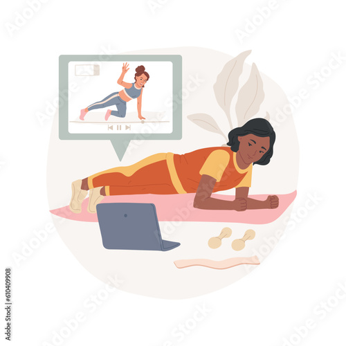 Workout isolated cartoon vector illustration. Young healthy teen girl in sportswear doing plank, watching online fitness workout video tutorial on laptop, virtual coach vector cartoon.