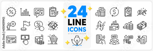 Icons set of Dollar exchange, Survey checklist and Bid offer line icons pack for app with Web report, Accounting wealth, Card thin outline icon. Bitcoin mining, Report, Payment click pictogram. Vector