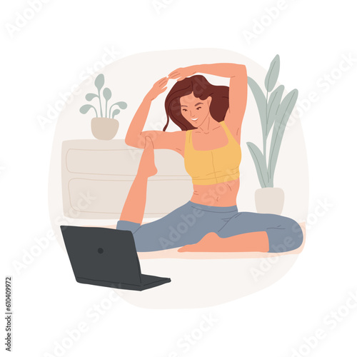 Yoga isolated cartoon vector illustration. Sporty smiling teenage girl doing yoga with laptop, online class, digital lifestyle, social media channel, wellness video vector cartoon.
