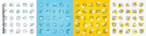 Vector icons set of Patient, Medical syringe and Uv protection line icons pack for web with No alcohol, Leaf dew, Pillow outline icon. Washing hands, Sick man, Medical prescription pictogram. Vector