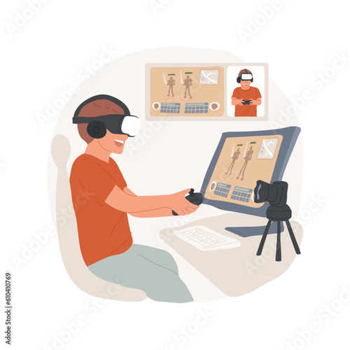 Games isolated cartoon vector illustration. Smiling teen blogger recording video, vlog game review, digital lifestyle, social media promotion, communication, content creation vector cartoon.