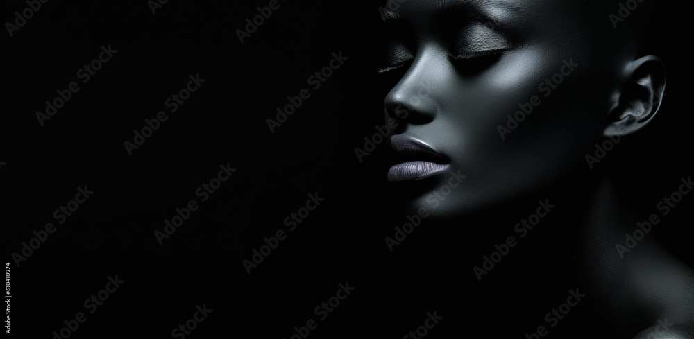 Fashion art. Beauty woman painted in black skin color body, gold makeup, lips, eyelids in gold color paint. Body art. Beauty  black metallic body, painted Skin. copy space, digital ai	