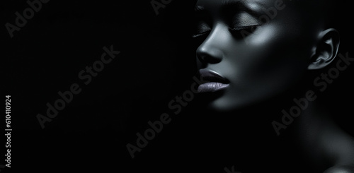 Fashion art. Beauty woman painted in black skin color body, gold makeup, lips, eyelids in gold color paint. Body art. Beauty black metallic body, painted Skin. copy space, digital ai 