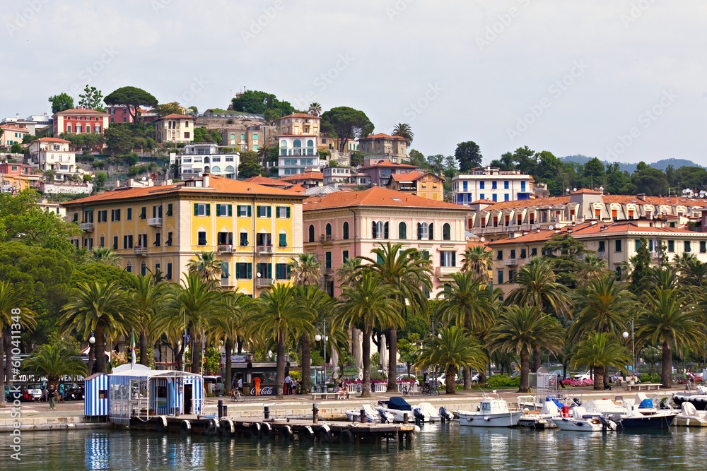 Beautiful view of Spezia town, colorful houses traditional Italian architecture, Liguria, Italy
