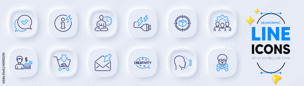 Approved, Shopping and Chemical hazard line icons for web app. Pack of Business growth, Face id, Electricity plug pictogram icons. Open mail, Parcel tracking, Yoga signs. Creativity. Vector