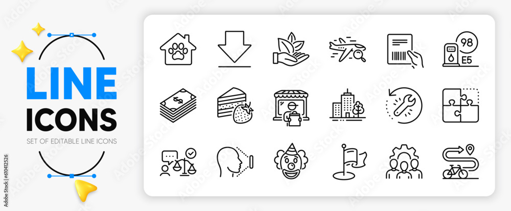 Cake, Recovery tool and Petrol station line icons set for app include Milestone, Bike path, Team work outline thin icon. Downloading, Clown, Skyscraper buildings pictogram icon. Vector