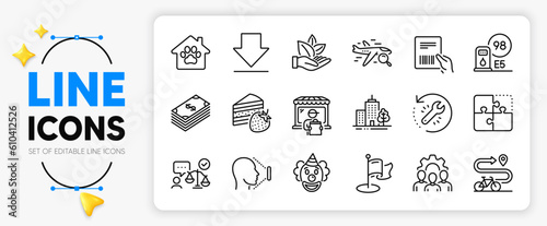 Cake, Recovery tool and Petrol station line icons set for app include Milestone, Bike path, Team work outline thin icon. Downloading, Clown, Skyscraper buildings pictogram icon. Vector