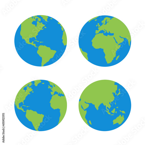 Four flat style vector earth globe spheres with continents
