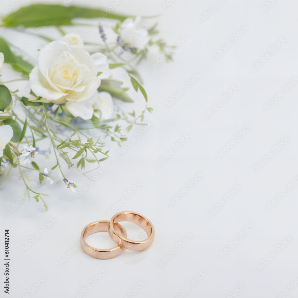 Wedding rings and roses on a white background, top-down view. Wedding bands banner, website header, wedding invitation. Generative AI. Wedding rings and roses on a white background, top-down view. Wedding bands banner, website header, wedding invitation. Generative AI.