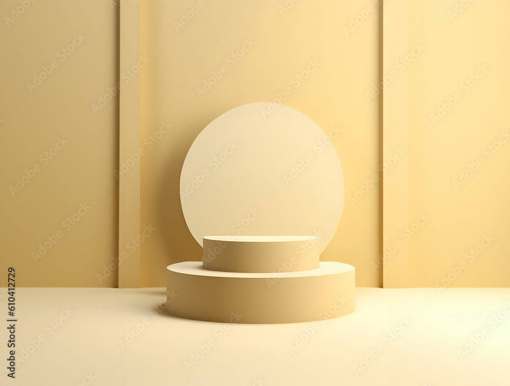 Fototapeta premium Abstract minimal concept. Pastel Yellow round podium on background. Mock up template for product presentation. 3D rendering. copy text space 