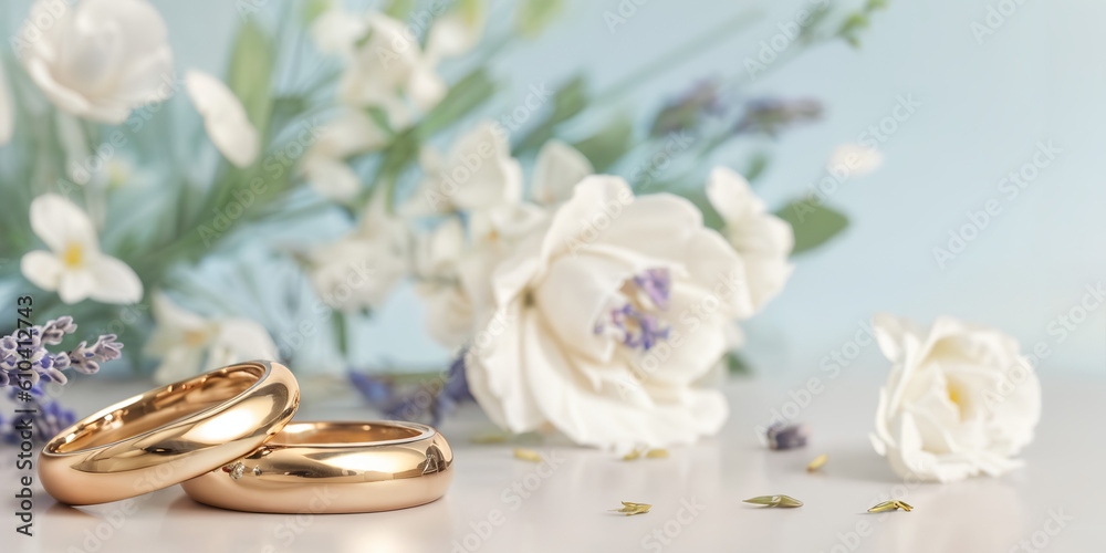 Wedding rings with lavender flowers and roses background. Gold wedding ...