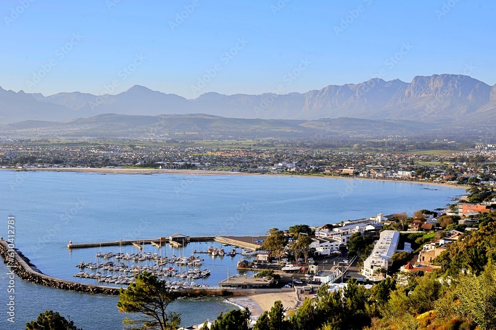 View of the Ocean and harbor in Gordon's Bay, Cape Town, South Africa.