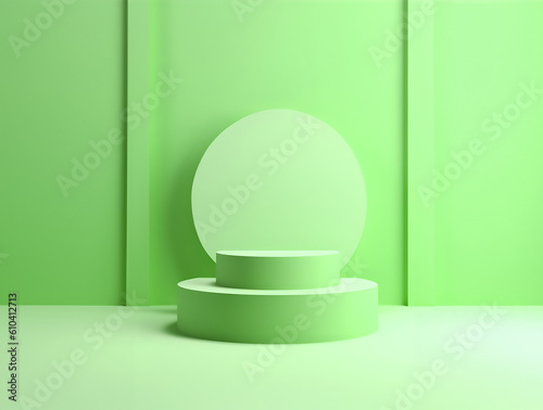 Abstract minimal concept. Pastel green round podium on background. Mock up template for product presentation. 3D rendering. copy text space 