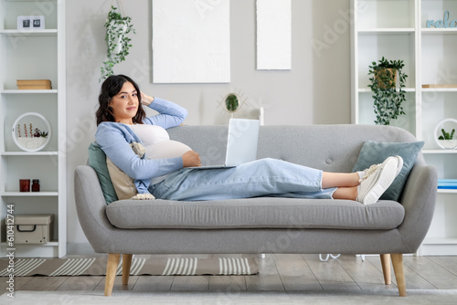 Young pregnant woman working with laptop on sofa at home