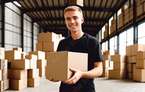 A worker in a warehouse holds a cardboard box. A handsome man at work in the logistics industry. The loader at work. Generative AI.