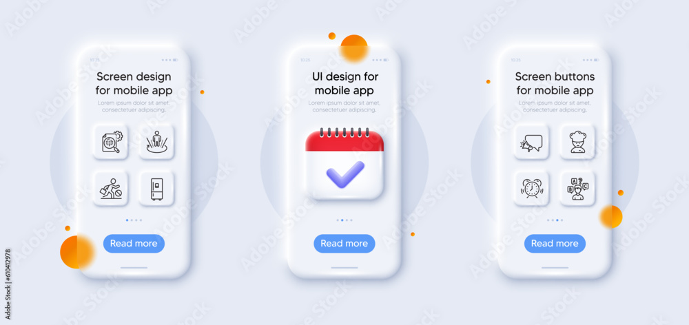 Cooking chef, Augmented reality and Jobless line icons pack. 3d phone mockups with calendar. Glass smartphone screen. Megaphone, Time management, Refrigerator web icon. Vector Cooking chef, Augmented reality and Jobless line icons pack. 3d phone mockups with calendar. Glass smartphone screen. Megaphone, Time management, Refrigerator web icon. Vector