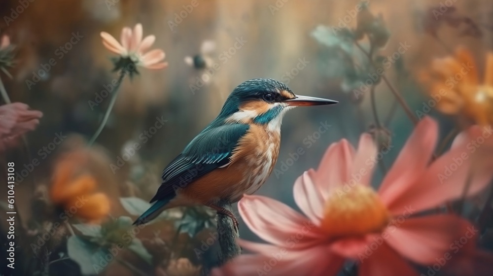 Delicate painting with a bird landing on the flowers. Pastel tones. Blurred background, generative AI Delicate painting with a bird landing on the flowers. Pastel tones. Blurred background, generative AI