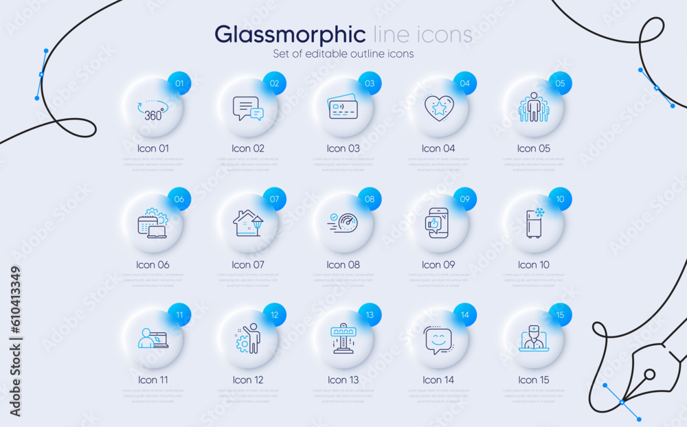 Set of Attraction, Refrigerator and 360 degrees line icons for web app. Software, Employee, Group icons. Speedometer, Card, Street light signs. Ranking star, Telemedicine, Online education. Vector Set of Attraction, Refrigerator and 360 degrees line icons for web app. Software, Employee, Group icons. Speedometer, Card, Street light signs. Ranking star, Telemedicine, Online education. Vector