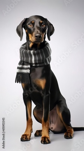 Doberman sits in a winter scarf. Winter travel concept. Generative AI. High quality illustration