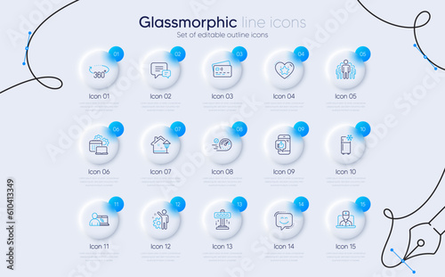 Set of Attraction, Refrigerator and 360 degrees line icons for web app. Software, Employee, Group icons. Speedometer, Card, Street light signs. Ranking star, Telemedicine, Online education. Vector
