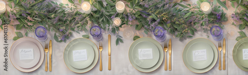 Long table with beautiful tablewear and gold cutlery. Panoramic background for celebration, wedding, special occasion, catering, venue. Generative AI. photo