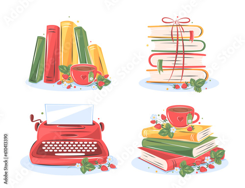 Books with flowers and strawberries on white background. Set of reading elements for  bookshop, library, bookstore or education. Vector illustration on white background