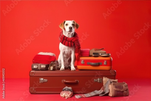 A dog in a winter scarf sits on a suitcase. Winter travel concept. Generative AI. High quality illustration