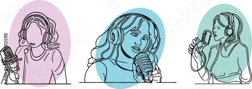 Women speaking on podcast mic line art vector