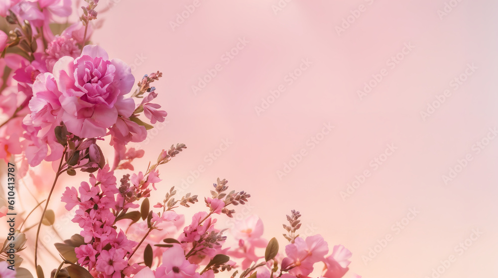 Pastel pink background with flowers, roses.  Banner with copy space for Women's Day, Mother's Day, Valentine's Day, card, invitation. Generative AI.
