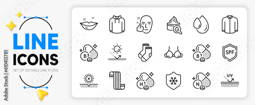No sun, Healthy face and Socks line icons set for app include Bra, Spf protection, Hoody outline thin icon. Uv protection, Clean skin, Oil drop pictogram icon. Vitamin h1, Shirt. Vector