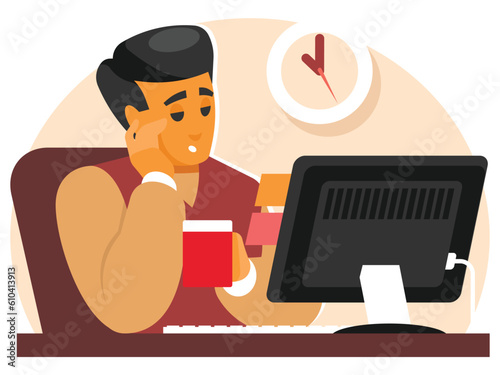 Lazy office worker working with computer. Procrastinating at workplace. Unmotivated or unproductive manager. Vector graphics