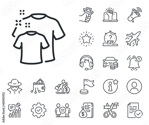 Laundry shirt sign. Salaryman  gender equality and alert bell outline icons. Clean t-shirt line icon. Clothing cleaner symbol. Clean t-shirt line sign. Spy or profile placeholder icon. Vector