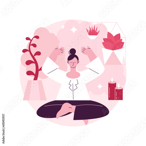 Office meditation booth abstract concept vector illustration. Office relax room, meditation booth, relaxing place, find peace of mind, yoga lunch break, zen, employee wellbeing abstract metaphor.
