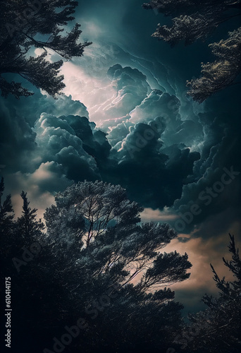 Stormy skies above the treetops. AI Generated