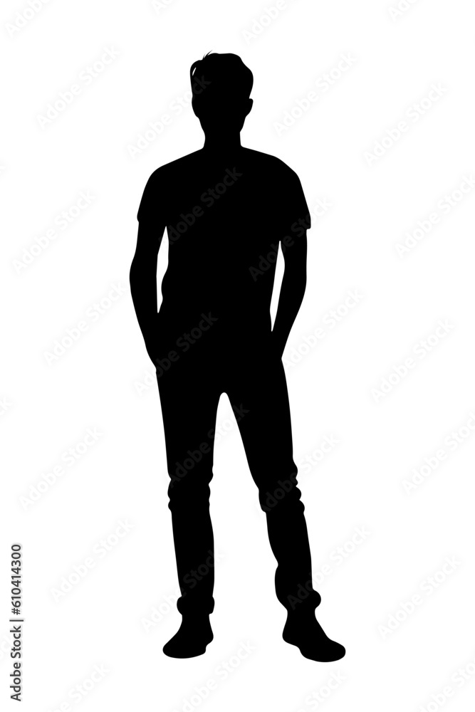 Fototapeta premium Young man silhouette with his hands in his pockets wearing casual clothes isolated on white background