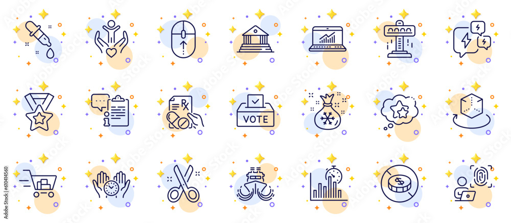 Outline set of Ship, Stress and Volunteer line icons for web app. Include No cash, Chemistry pipette, Shopping cart pictogram icons. Swipe up, Santa sack, Online statistics signs. Vector Outline set of Ship, Stress and Volunteer line icons for web app. Include No cash, Chemistry pipette, Shopping cart pictogram icons. Swipe up, Santa sack, Online statistics signs. Vector
