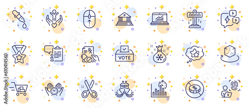 Outline set of Ship, Stress and Volunteer line icons for web app. Include No cash, Chemistry pipette, Shopping cart pictogram icons. Swipe up, Santa sack, Online statistics signs. Vector