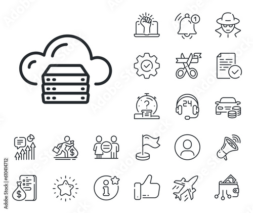 Internet data storage sign. Salaryman, gender equality and alert bell outline icons. Cloud computing server line icon. File hosting technology symbol. Cloud server line sign. Vector
