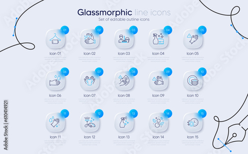 Set of Rubber gloves, Cleanser spray and Wash hands line icons for web app. Vacuum cleaner, Cleaning service, Hold t-shirt icons. Washing hands, Dirty mask, Clean towel signs. Vector
