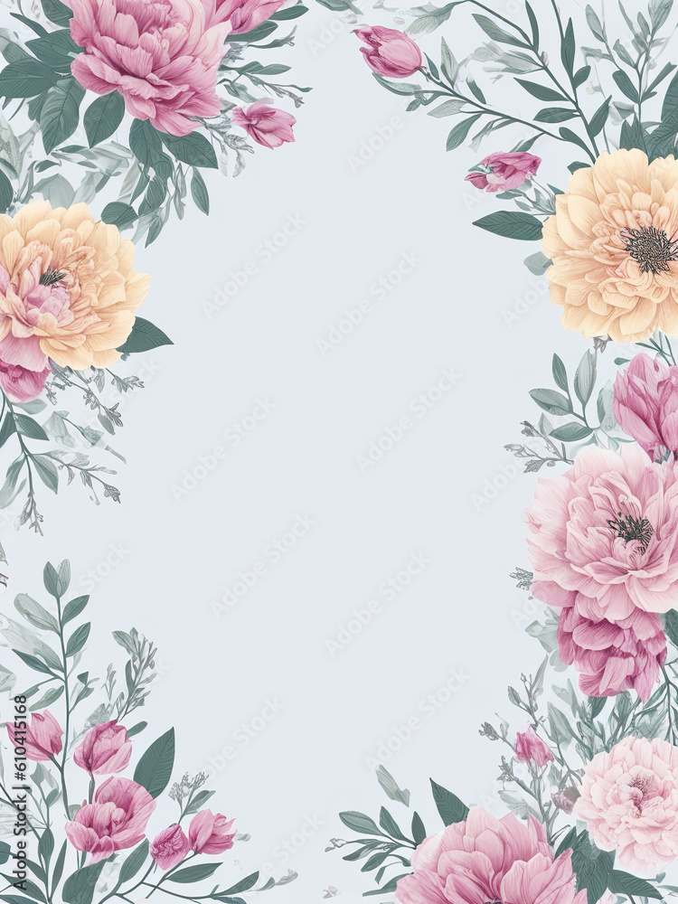 Background with leaves and flowers frame, vintage, watercolor illustration. Design for card, invitation, cover, instagram, canva. Generative AI.