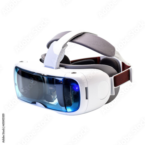 a high technology virtual reality headset glasses with blue glass isolated on white transparent background. Generative AI